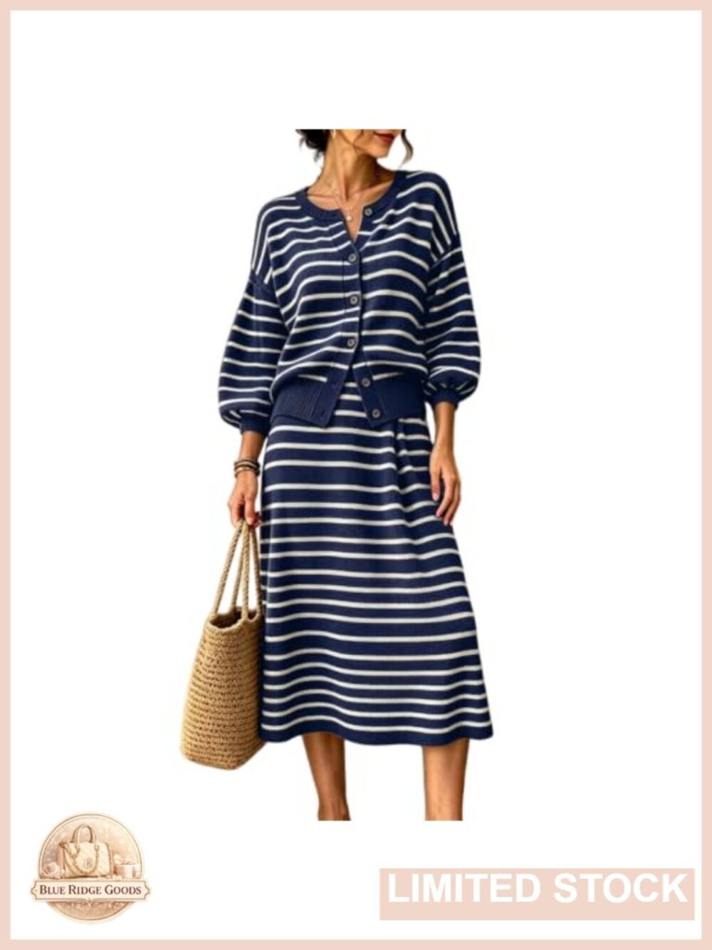 Knit 2 Piece Outfit V-Neck Lantern Sleeve Cardigan & Long A-Line Skirt Set